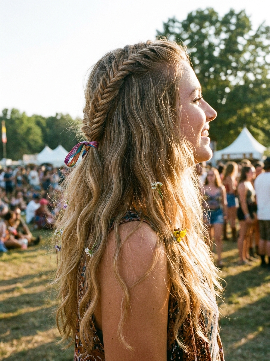 Geflochtener Half-Up Pony als Festival Frisuren Inspiration 2026